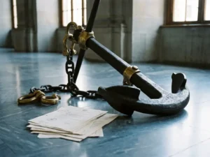 Heavy iron anchor on polished marble beside stamped official documents in a sunlit European government building.