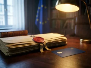 Stack of EU archival documents sealed with red wax stamp beside a modern smart card on a dark polished desk.