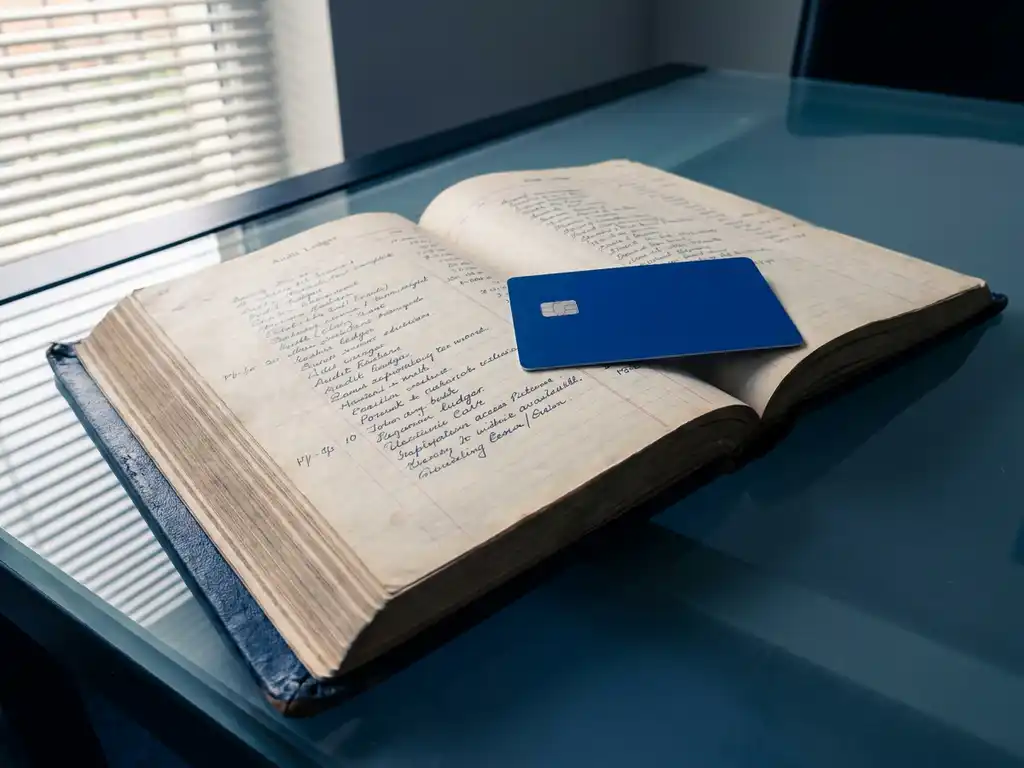 Open leather-bound audit ledger on a glass desk with an EU blue security access card resting across the pages.