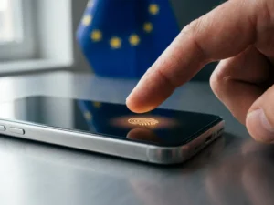 Fingertip hovering over a smartphone displaying a glowing fingerprint scan on a brushed-steel government desk, EU flag blurred in the background.