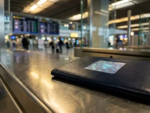 Biometric EU passport on a steel border control counter with a holographic emblem catching blue light, European airport terminal blurred in background.