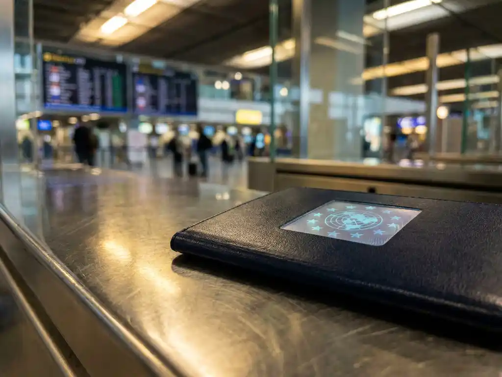 Biometric EU passport on a steel border control counter with a holographic emblem catching blue light, European airport terminal blurred in background.