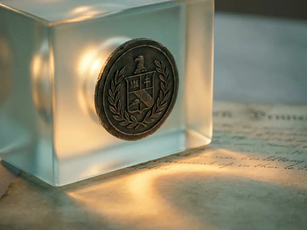 Weathered bronze official seal embedded in frosted glass, warm amber light refracting beneath a European government document.