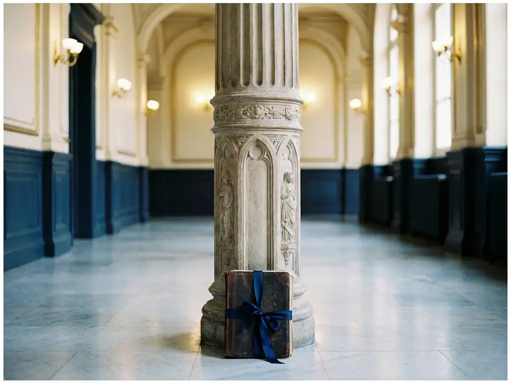 Weathered stone pillar with European architectural engravings in a Brussels institutional corridor, navy-ribboned leather dossier resting at its base.
