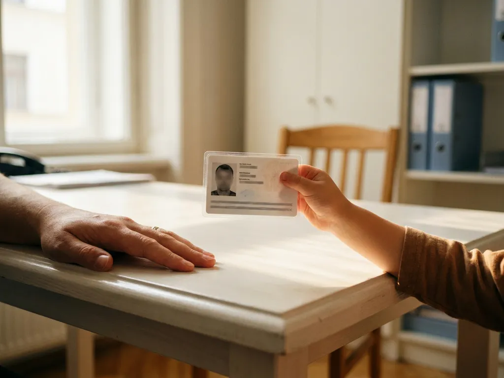 Child's hand holding a laminated ID card at a European government office desk, with a parent's hand resting nearby in warm natural light.
