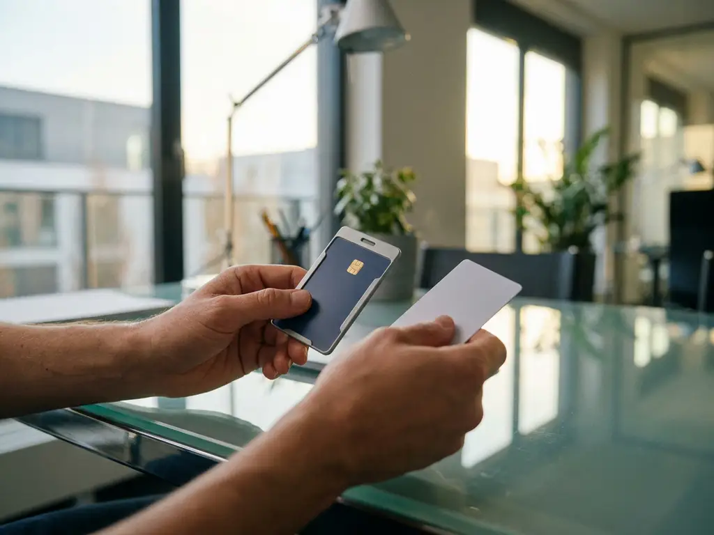 Corporate employee badge and smart card on a glass desk in a modern European office with soft afternoon light.