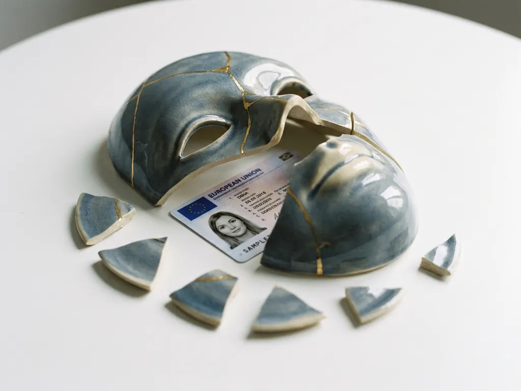 Cracked ceramic mask split open on white surface revealing an EU identity card beneath, fragments arranged around it in slate blue and ivory tones.