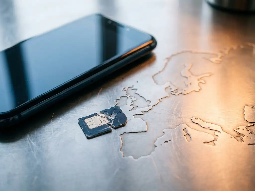 Cracked physical SIM card next to a modern smartphone on steel surface with faint European map, symbolizing EU eSIM regulatory shift.