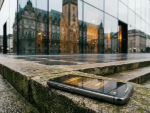 Smartphone displaying a digital credential on aged stone steps, European city hall facade reflected in glass building behind it.