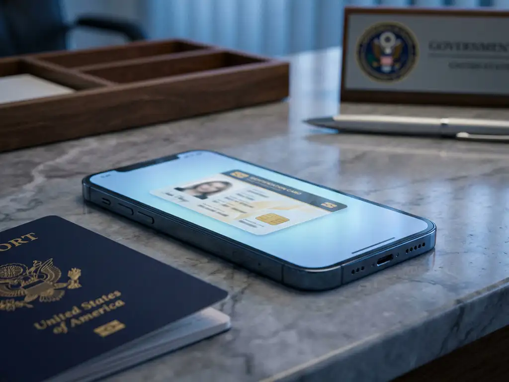 Smartphone displaying a digital ID card beside an EU passport on a marble government-office desk, bathed in soft blue ambient light.