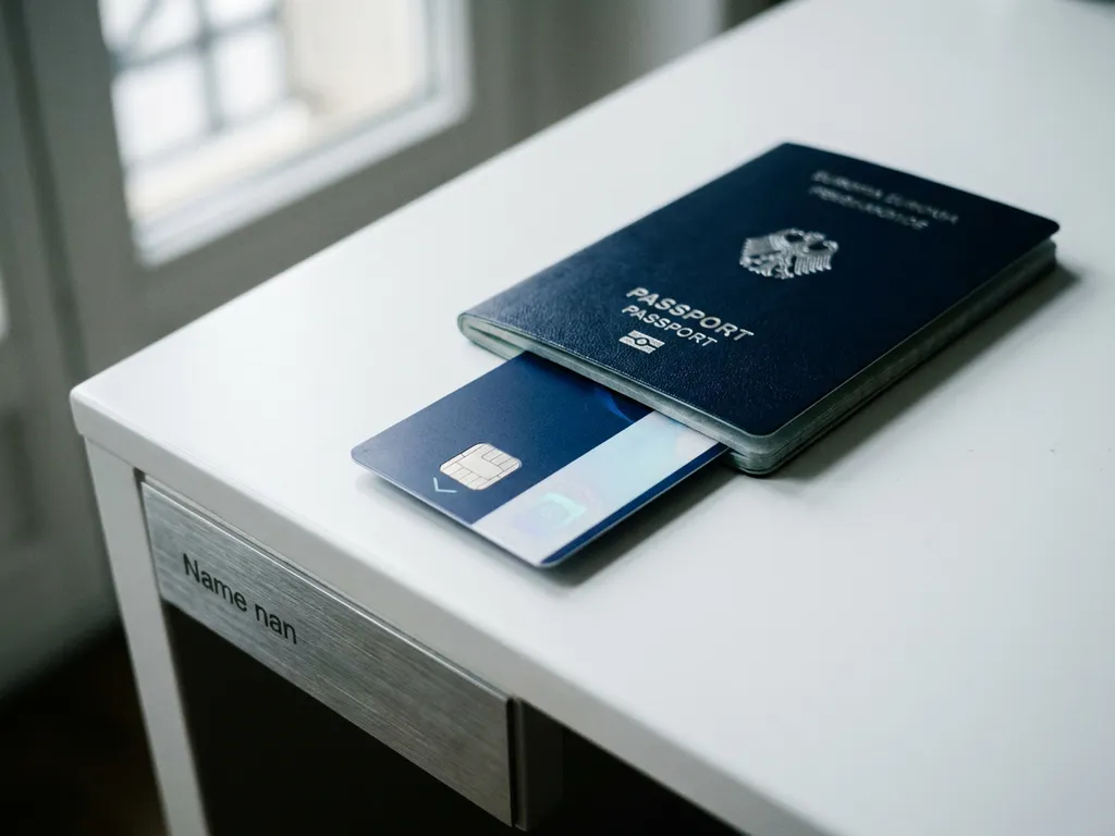 Digital ID card emerging from a European passport on a white desk, holographic shimmer visible under cool directional light.