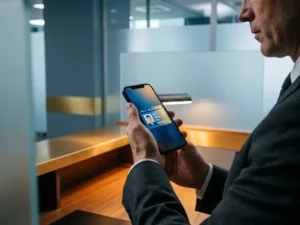 Professional in a suit holding a smartphone displaying a digital ID card in a minimalist European government office.
