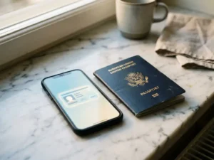 European passport beside a smartphone displaying a digital ID card on marble, illustrating physical vs. digital identity options.