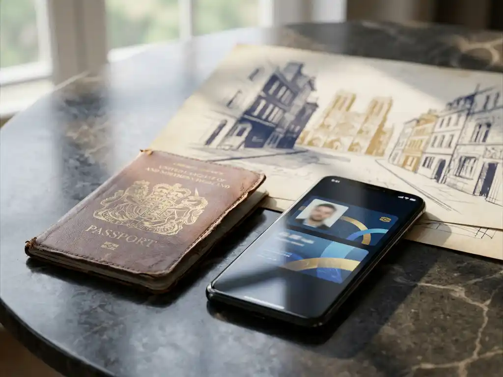 Worn leather passport beside a smartphone displaying a digital ID card on a polished stone surface, soft natural light, European civic backdrop.