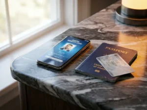 Smartphone displaying a digital ID card beside a worn passport and government card on marble, symbolizing the shift to digital identity.