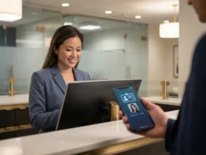 Person presenting a digital ID on a smartphone at a modern bank reception desk while a staff member reviews credentials nearby.