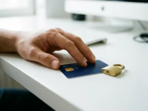 Hand hovering over a European digital identity card beside a small padlock on a white desk, symbolizing data consent and control.