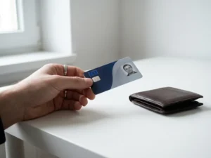 Hand holding a sleek navy blue European digital identity card over a white desk with a leather wallet nearby.