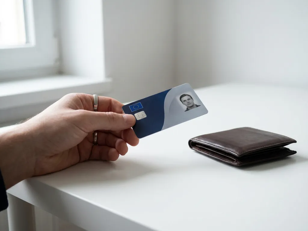 Hand holding a sleek navy blue European digital identity card over a white desk with a leather wallet nearby.