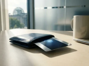 Digital identity card emerging from a leather wallet on a government office desk, soft morning light, European silhouette through frosted glass.