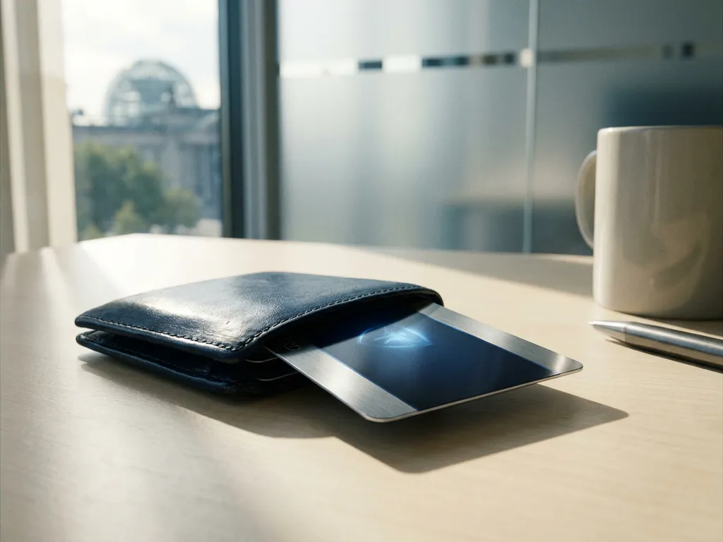 Digital identity card emerging from a leather wallet on a government office desk, soft morning light, European silhouette through frosted glass.