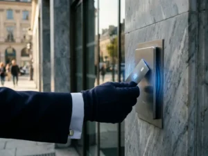 Government official tapping a digital identity card on a glowing blue reader mounted on a marble civic building, European cityscape behind.