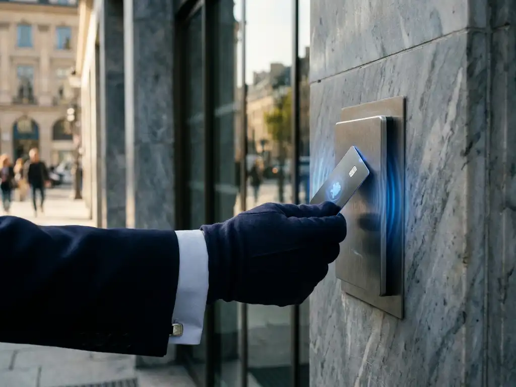 Government official tapping a digital identity card on a glowing blue reader mounted on a marble civic building, European cityscape behind.