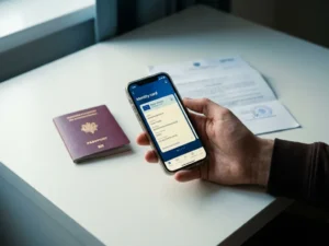 Hand holding a smartphone displaying a digital identity card above a desk with an EU passport and official documents nearby.