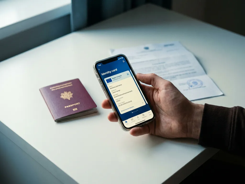 Hand holding a smartphone displaying a digital identity card above a desk with an EU passport and official documents nearby.