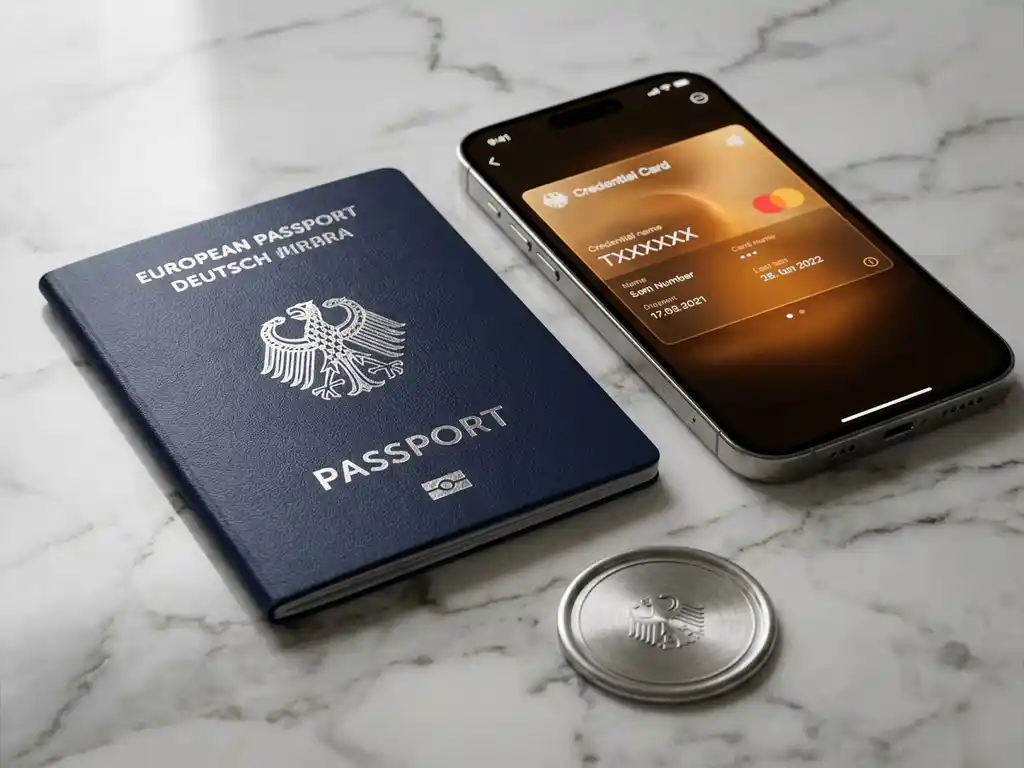European passport and smartphone displaying a digital credential card on marble, with an embossed certification seal nearby.
