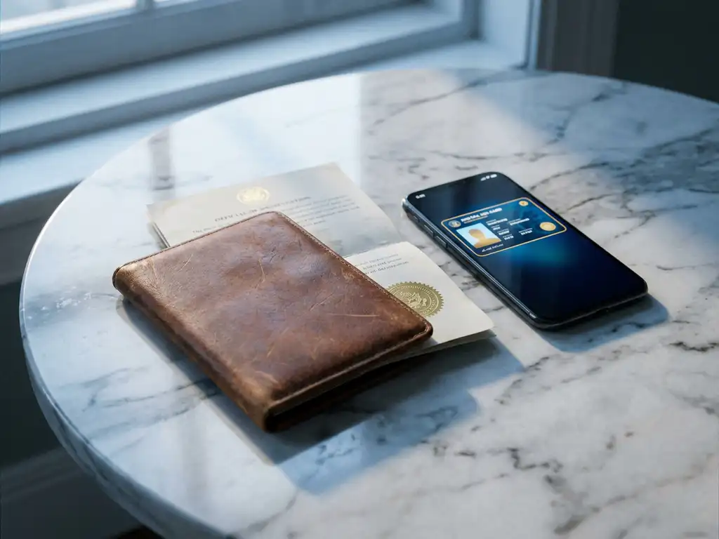 Worn leather passport and official government document on marble surface beside a smartphone displaying a digital credential card.