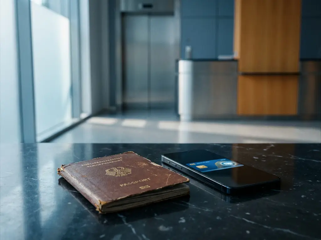 Worn European passport beneath a smartphone displaying a digital credential card on dark marble, symbolizing traditional and digital identity.