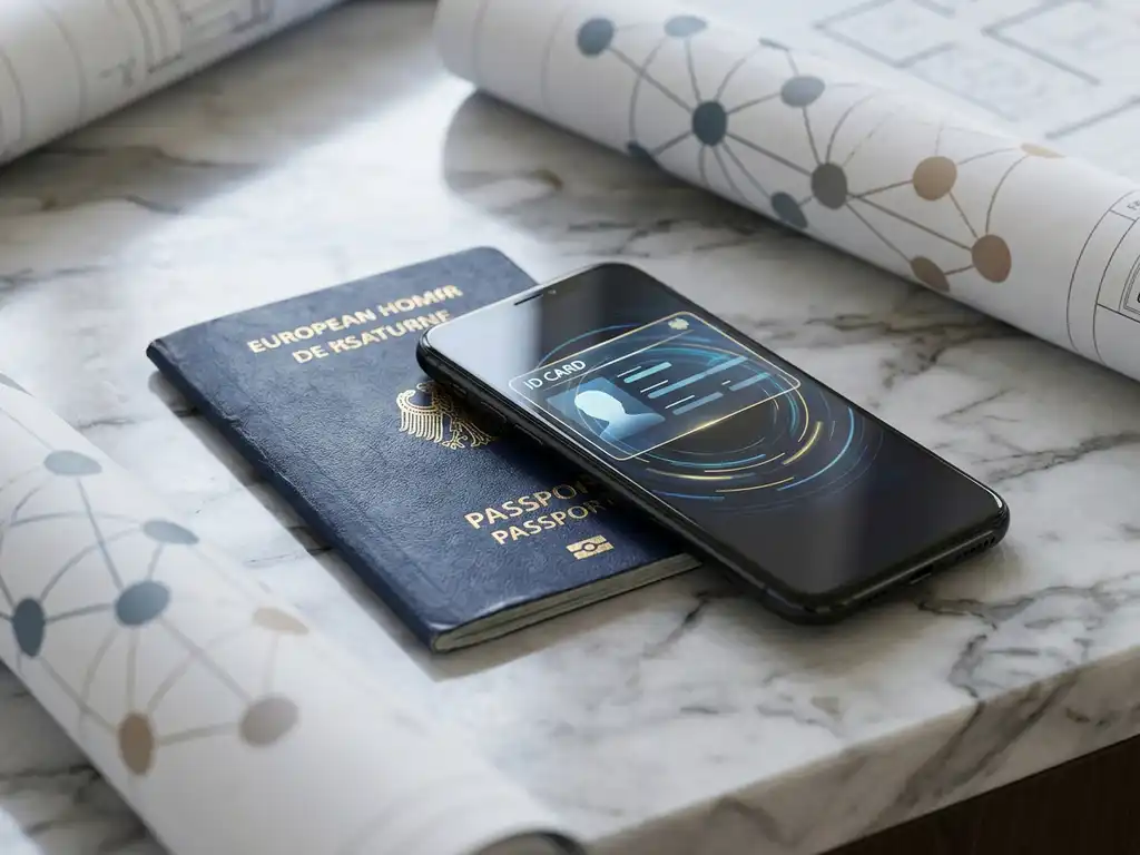 European passport beside a smartphone displaying a digital credential card on marble, illustrating identity document modernization.