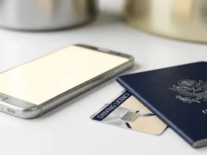 Smartphone glowing beside a passport and driving licence on a white surface, representing digital identity verification.
