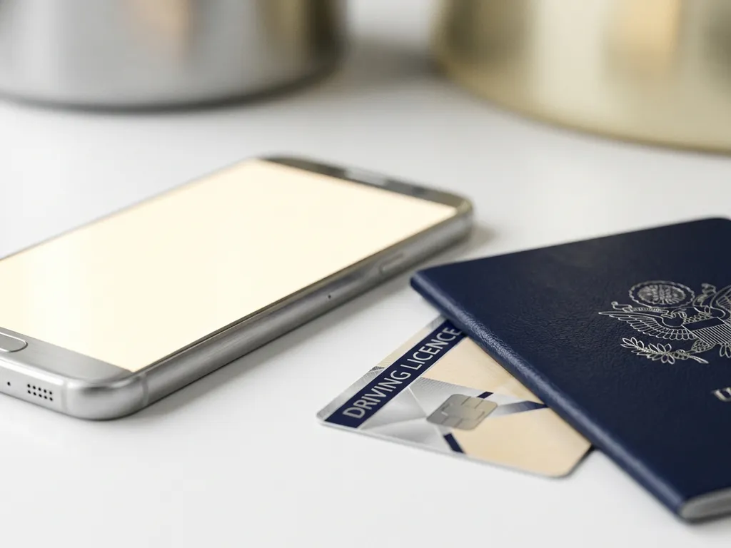Smartphone glowing beside a passport and driving licence on a white surface, representing digital identity verification.