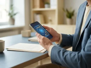 Person holding a smartphone displaying a glowing European digital passport credential at a modern desk in soft natural light.
