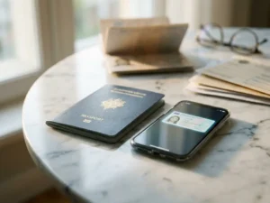 European passport beside a smartphone displaying a digital identity credential on marble, with official documents softly blurred in background.