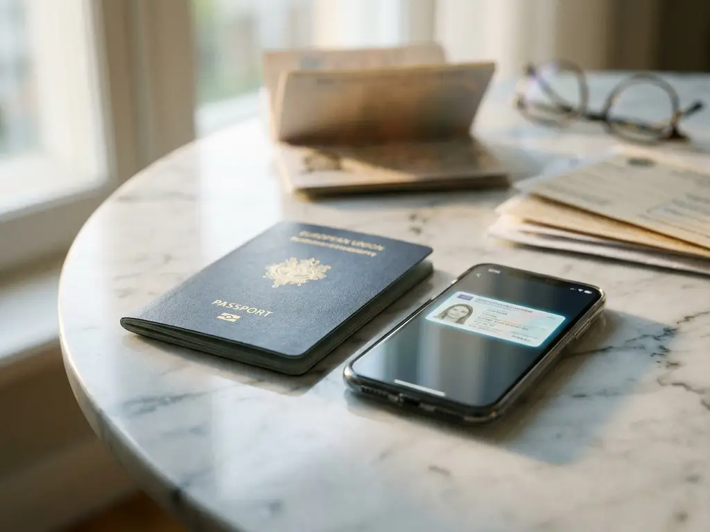 European passport beside a smartphone displaying a digital identity credential on marble, with official documents softly blurred in background.