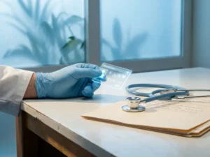 Doctor's hand holding a digital identity card over a white desk with a stethoscope and open patient folder nearby.