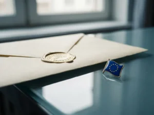 Sealed official document with embossed certification stamp on a glass desk beside an EU flag pin, soft natural light, gold accents.