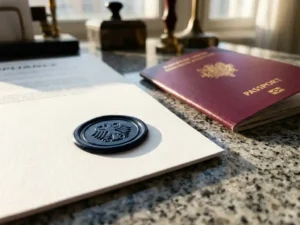 Navy wax certification seal pressed into a white compliance document beside an EU passport on a granite desk.