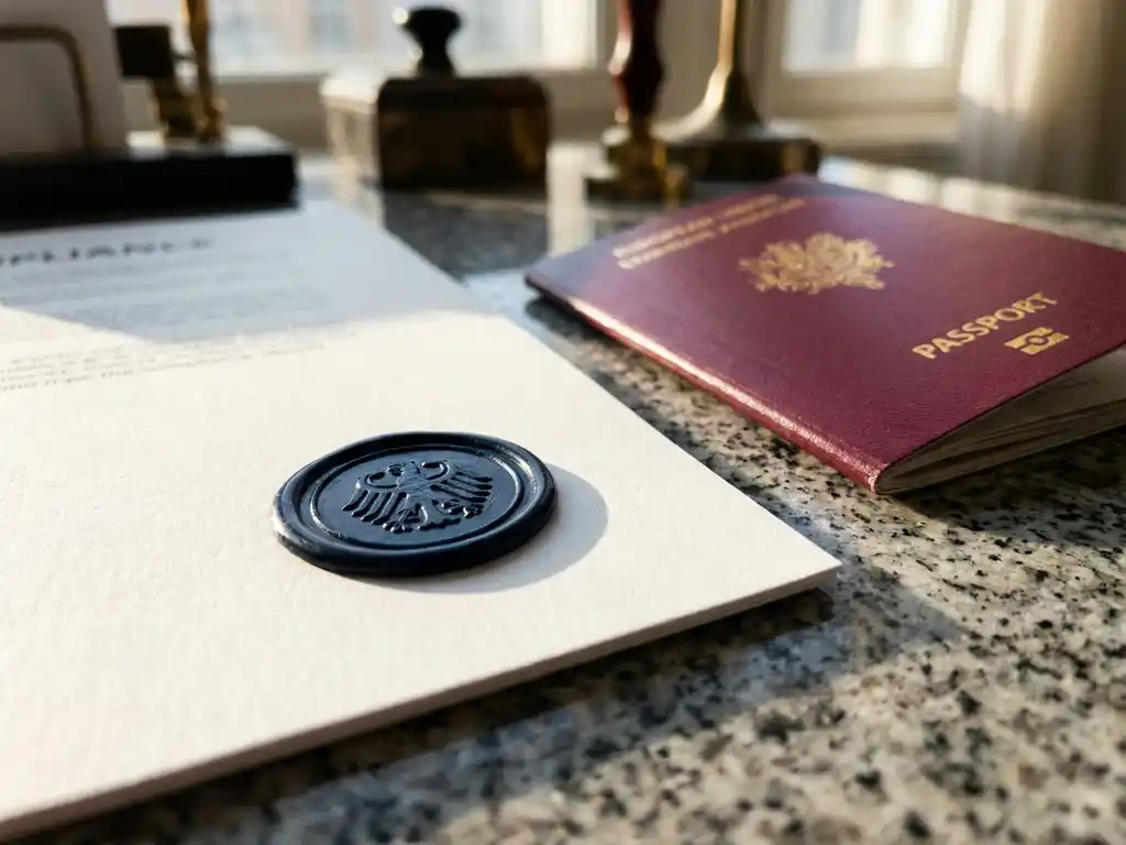 Navy wax certification seal pressed into a white compliance document beside an EU passport on a granite desk.