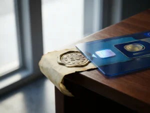 EU-certified paper seal partially covered by a modern digital identity card on a government desk, contrasting aged and current identity systems.