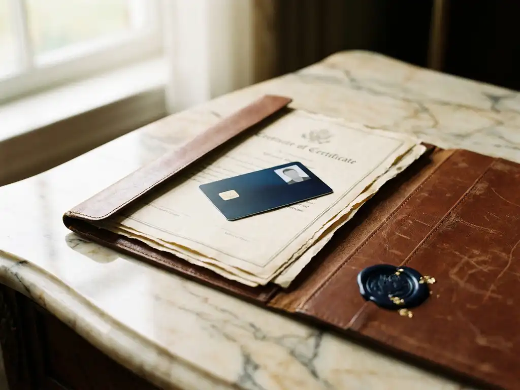 EU digital identity card resting on aged paper certificates inside an open leather document folder on a marble desk.