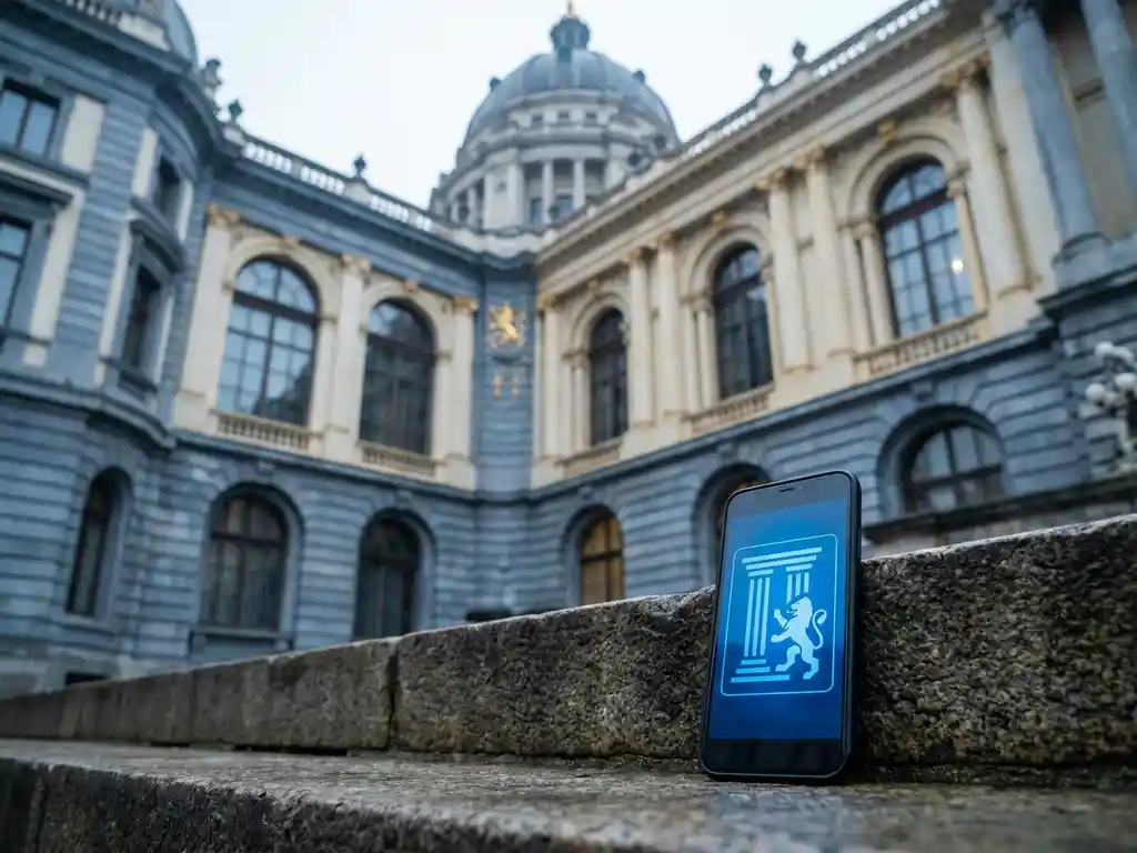Smartphone displaying a digital identity card resting on stone steps of a grand EU institutional building in soft overcast daylight.