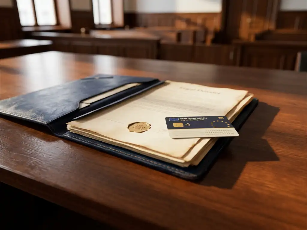 Open leather legal dossier on a courtroom desk with an EU digital identity card resting across official wax-sealed documents.