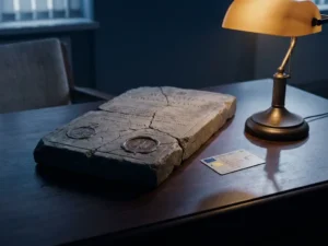 Cracked stone tablet with official seals beside an EU digital identity card on a government desk, symbolizing outdated systems meeting modern regulation.