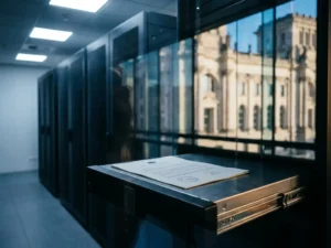 EU-stamped official document on a server room console reflecting a European government stone facade in modern data center glass.