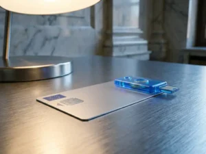 EU digital identity card beside a translucent hardware security key on brushed steel, representing eIDAS digital authentication.