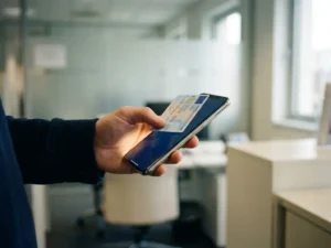 EU identity card tapped against a smartphone in a modern government office, demonstrating digital ID verification.